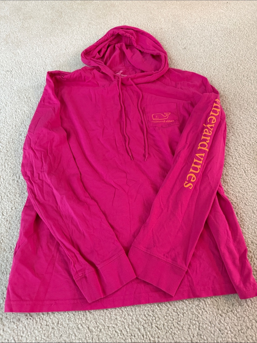 Vineyard Vines Hot Pink Long-Sleeve Hoodie Tee with Yellow Sleeve Logo